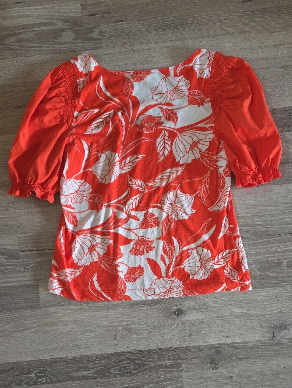 Anthropologie Maeve Red Orange & White Floral Scoop-Neck Puff Sleeve Top Size L